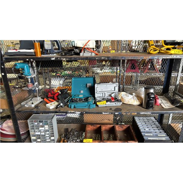 SHELF OF ASSORTED MAKITA DRILL PRESS, MAKITA CORDLESS DRILL, ROTARY TOOL & MORE