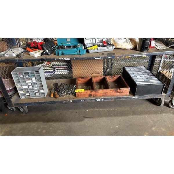 SHELF OF ASSORTED TOOLS INCLUDING; ORGANIZERS WITH CONTENTS, WRENCHES, SAW & MORE