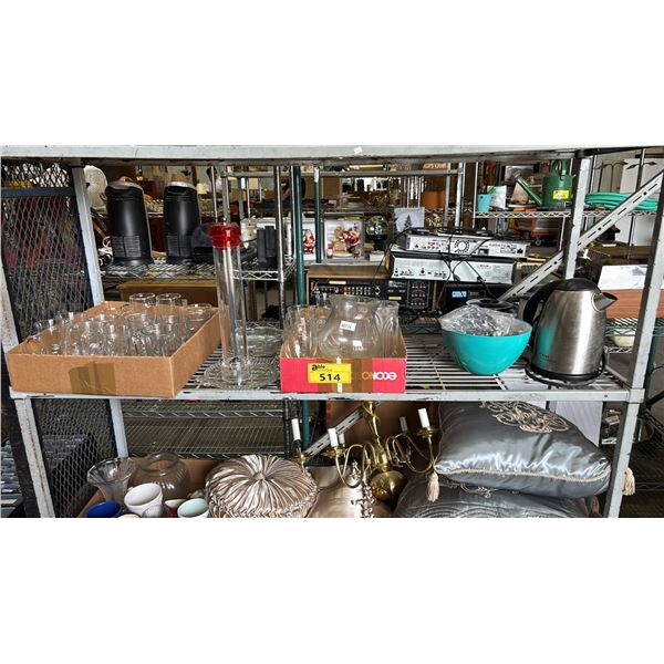 SHELF OF ASSORTED ITEMS INCLUDING; PEPPER GRINDER, KETTLE, GLASSWARE & MORE