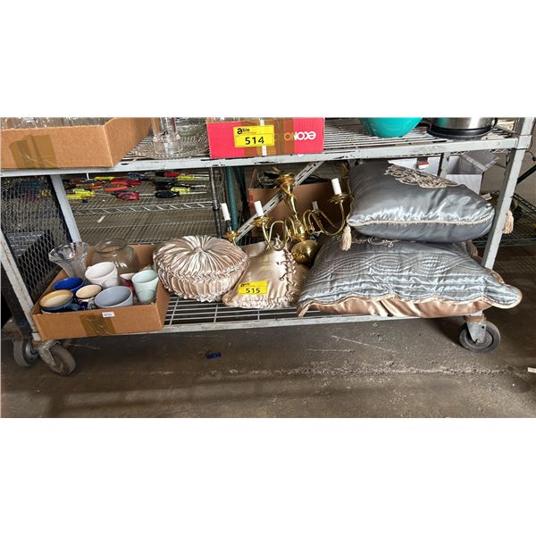 SHELF OF ASSORTED ITEMS INCLUDING; CHANDELIER, CUSHIONS, MUGS & MORE