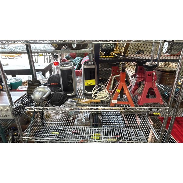 SHELF OF ASSORTED ITEMS INCLUDING; AXLE STANDS, DESK HEATERS, DIGITAL CAMERA & MORE