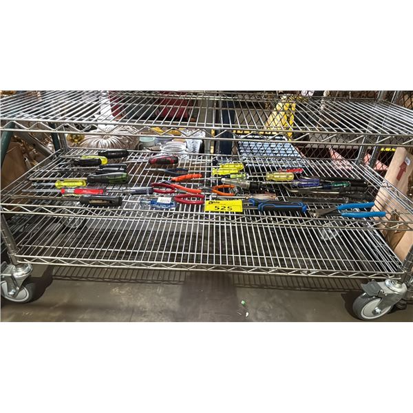 SHELF OF ASSORTED HAND TOOLS INCLUDING; SCREWDRIVERS, PLIERS, CABLE SNIPS & MORE