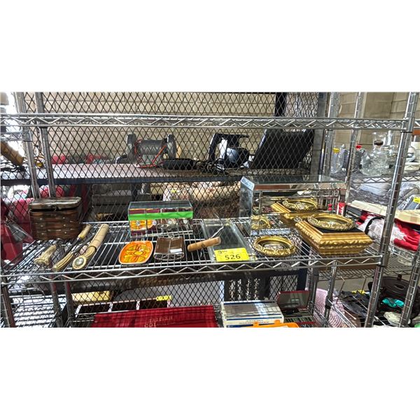 SHELF OF ASSORTED ITEMS INCLUDING; BONE HANDLE KNIVES, JEWELERY BOXES, FLASK & MORE