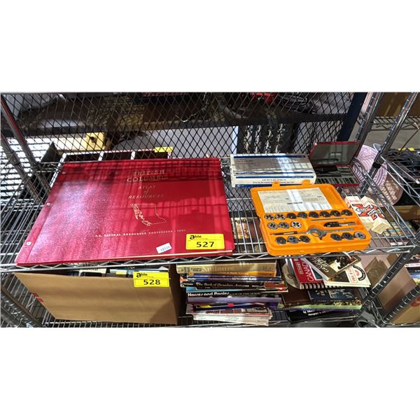 SHELF OF ASSORTED ITEMS INCLUDING; BRITISH COLUMBIA ATLAS OF RESOURCES, TAP & DIE SET, ADJUSTABLE