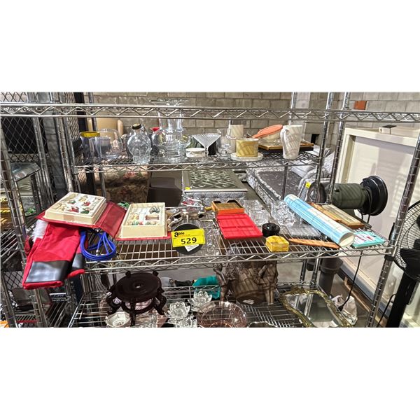 SHELF OF ASSORTED ITEMS INCLUDING; REINDEER DECOR, GLASS CONTAINERS, CHRISTMAS DECOR & MORE