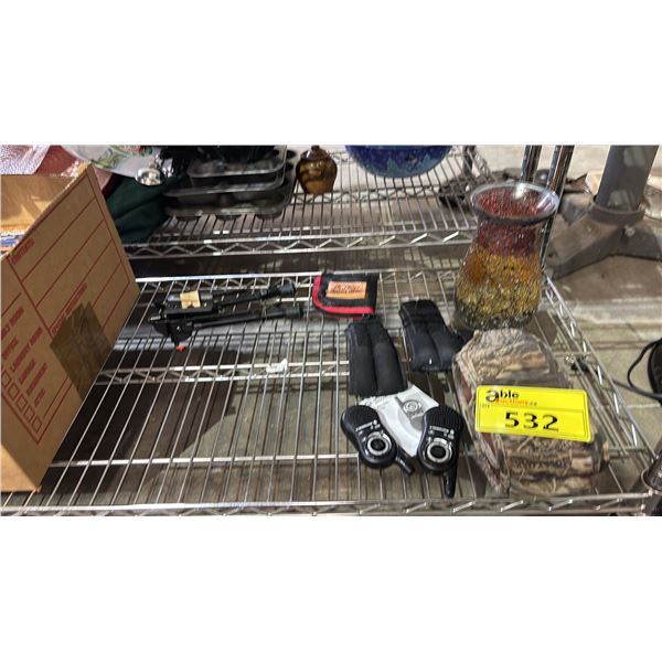 ASSORTED ITEMS INCLUDING; VASE, RADIOS, SHOTGUN SHELL BELT & MORE