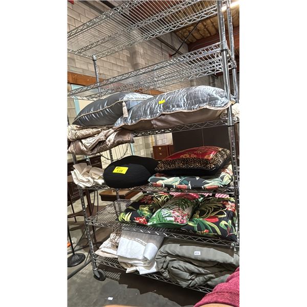RACK OF ASSORTED LINENS & CUSHIONS (RACK NOT INCLUDED)