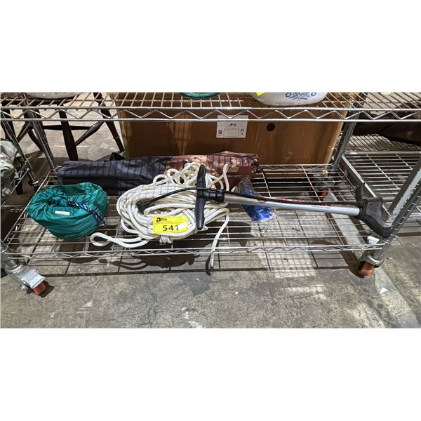 SHELF OF ASSORTED ITEMS INCLUDING; FOLDING CAMPING CHAIR, ROPE, BIKE PUMP & MORE