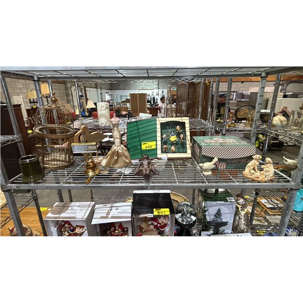 SHELF OF ASSORTED ITEMS INCLUDING; DECORATIVE BIRD CAGE, JEWELRY STAND, SNOW WHITE & THE SEVEN