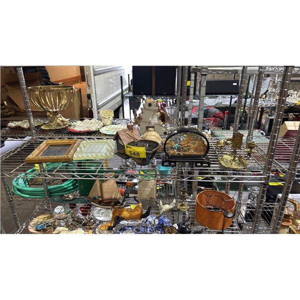SHELF OF ASSORTED ITEMS INCLUDING; CHINESE DECOR, PICTURE FRAMES, CANDLE HOLDER & MORE