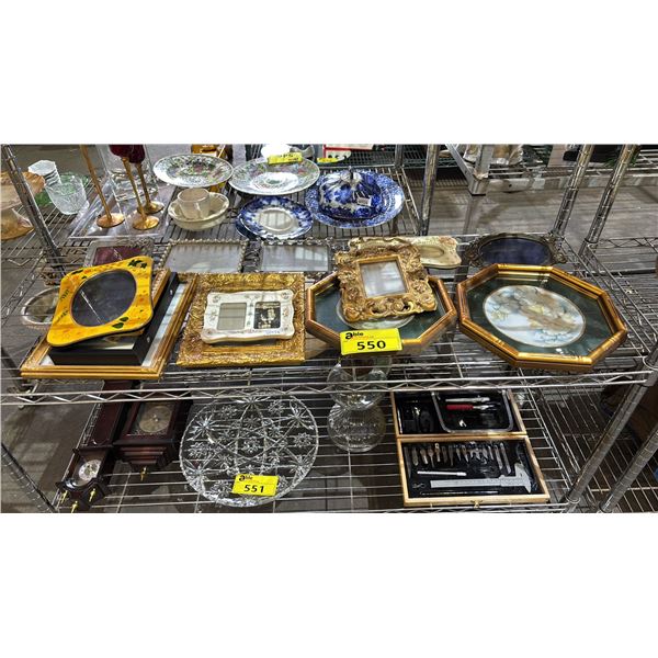 SHELF OF ASSORTED ITEMS INCLUDING; FRAMED DECORATIVE PLATES & PICTURE FRAMES