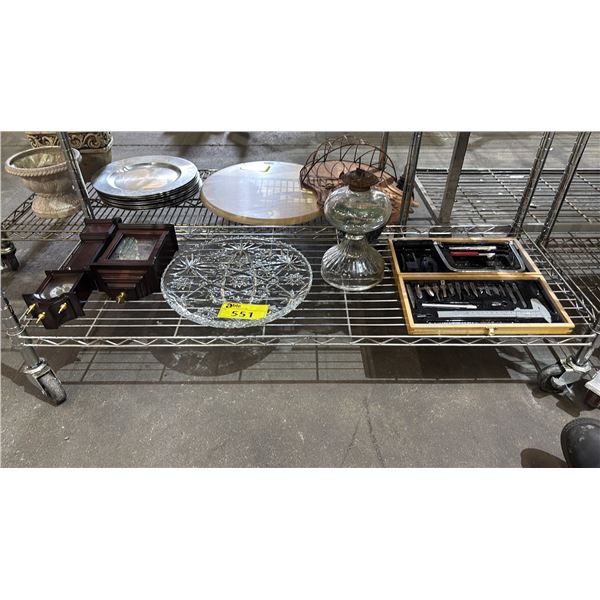 SHELF OF ASSORTED ITEMS INCLUDING; GLASS DISH, MANTLE CLOCKS, HOBBY KNIFE KIT & MORE