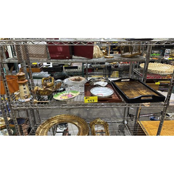SHELF OF ASSORTED ITEMS INCLUDING; LIGHTHOUSE FIGURINE, CUPID FIGURINE, SERVING TRAYS & MORE