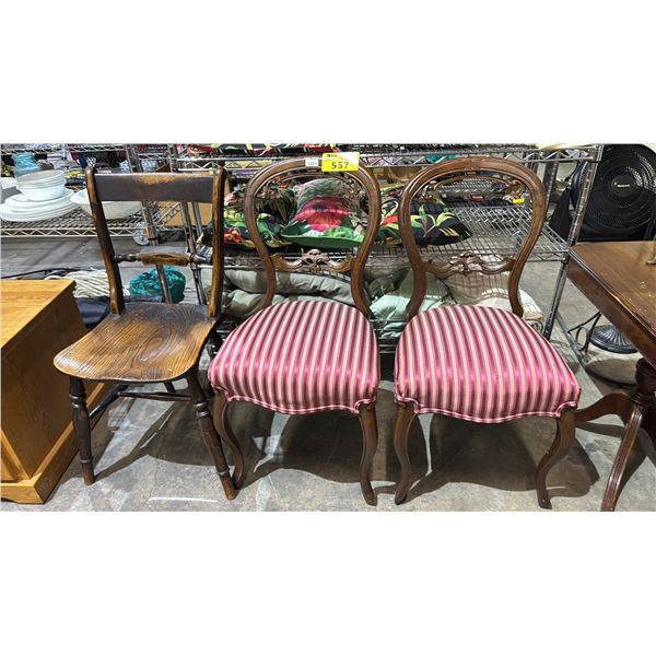 2 VICTORIAN STYLE CHAIRS & WOODEN CHAIR