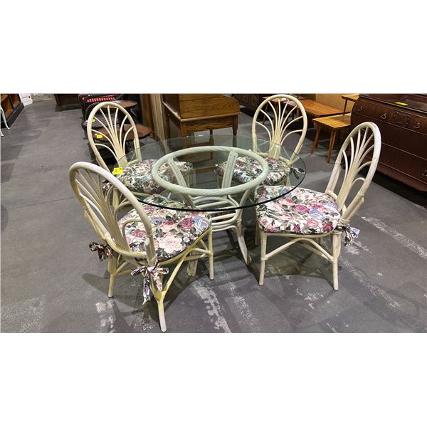 ROUND GLASS TOP PATIO TABLE WITH 4 CHAIRS 48" X 28" *CONTENTS OF TABLE NOT INCLUDED*