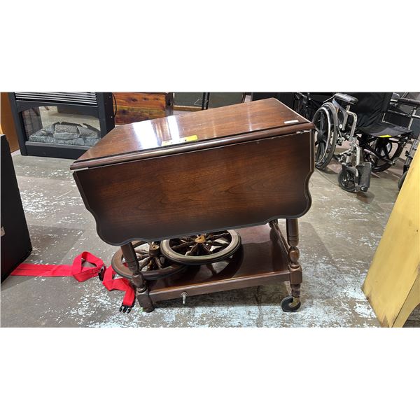 PORTABLE SERVING CART WITH FLIP UP SIDES (2 WHEEL DETACHED, 1 WHEEL BROKEN)