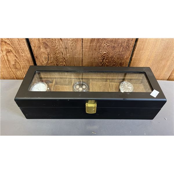 WATCH DISPLAY BOX WITH (3) ASSORTED WATCHES