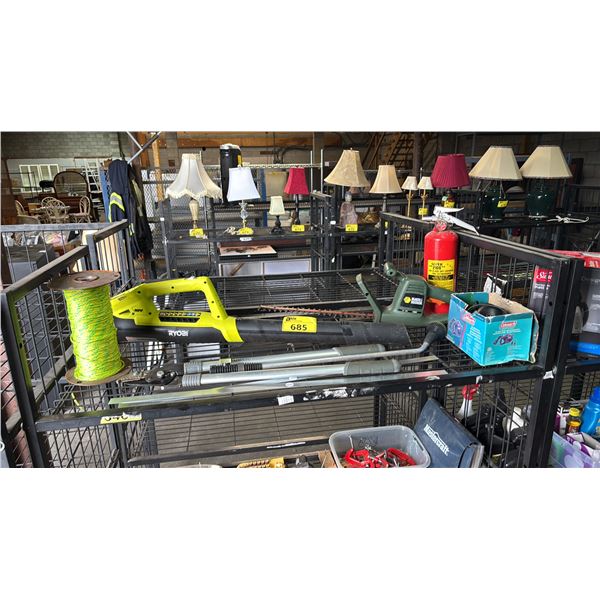 SHELF OF ASSORTED ITEMS INCLUDING; RYOBI ONE+ CORDLESS LEAF BLOWER, BLACK & DECKER ELECTRIC HEDGE