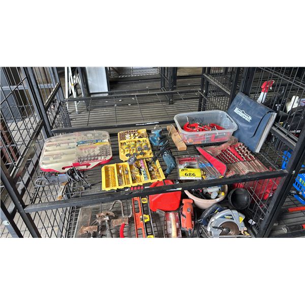 SHELF OF ASSORTED ITEMS INCLUDING; ROTARY TOOLS & ROTARY BIT SETS, DRILL BITS, C-CLAMPS & MORE