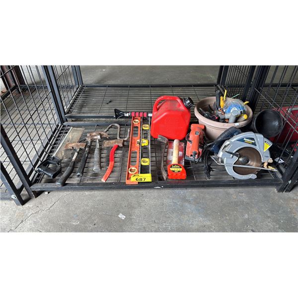 SHELF OF ASSORTED TOOLS INCLUDING; MASTERCRAFT HAWKEYE CIRCULAR SAW, BELT SANDER, LEVELS & MORE