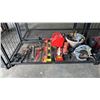 Image 1 : SHELF OF ASSORTED TOOLS INCLUDING; MASTERCRAFT HAWKEYE CIRCULAR SAW, BELT SANDER, LEVELS & MORE