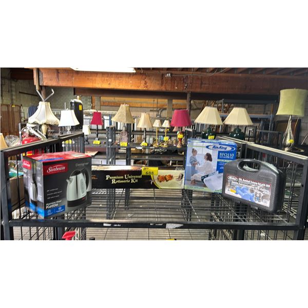 SHELF OF ASSORTED ITEMS INCLUDING; SUNBEAM STAINLESS STEEL KETTLE, PREMIUM UNIVERSAL ROTISSERIES