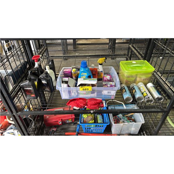 SHELF OF ASSORTED ITEMS INCLUDING; MOTOR OIL, LIGHTING, WOOD VARNISH & MORE