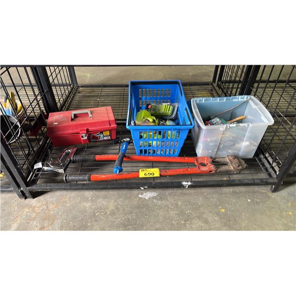 SHELF OF ASSORTED ITEMS INCLUDING; BOLT CUTTERS, LUGGAGE STRAPS, HAMMER & MORE