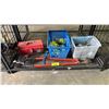 Image 1 : SHELF OF ASSORTED ITEMS INCLUDING; BOLT CUTTERS, LUGGAGE STRAPS, HAMMER & MORE