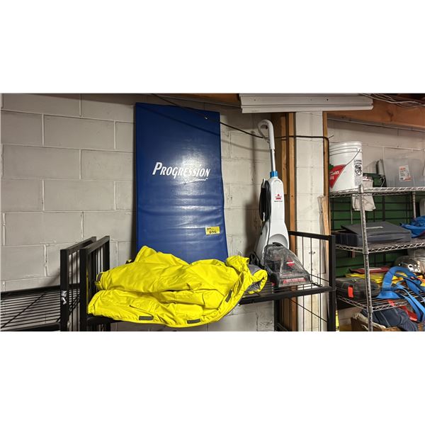SHELF OF ASSORTED ITEMS INCLUDING; PROGRESSION FITNESS YOGA MAT, BISSELL READYCLEAN CARPET CLEANER