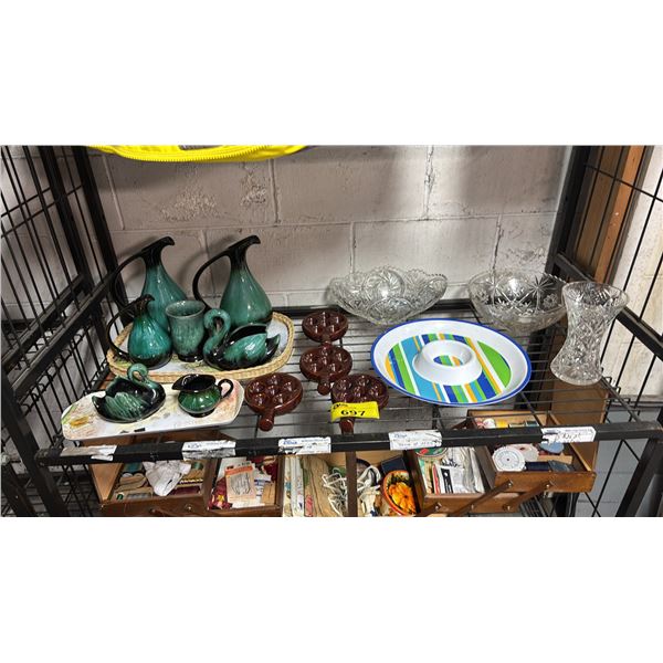 SHELF OF ASSORTED ITEMS INCLUDING; BLUE MOUNTAIN STYLE POTTERY, CRYSTAL VASE & BOWLS, SNACK DISH