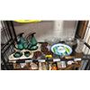Image 1 : SHELF OF ASSORTED ITEMS INCLUDING; BLUE MOUNTAIN STYLE POTTERY, CRYSTAL VASE & BOWLS, SNACK DISH