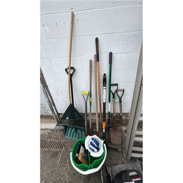 ASSORTED GARDEN TOOLS INCLUDING; SHOVELS, RAKE, PITCHFORK & MORE