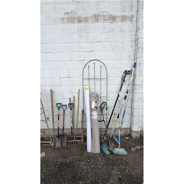 ASSORTED ITEMS INCLUDING; ELECTRIC WEED WHACKER, BRANCH CUTTER, CANVAS UMBRELLA & MORE