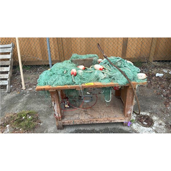 WOOD TABLE WITH FISHING NET CONTENTS