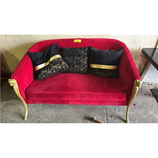 GOLD RAM MOTIF VELVET SOFA WITH THROW PILLOWS