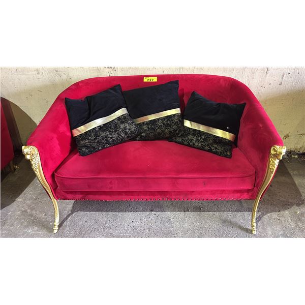 GOLD RAM MOTIF VELVET SOFA WITH THROW PILLOWS