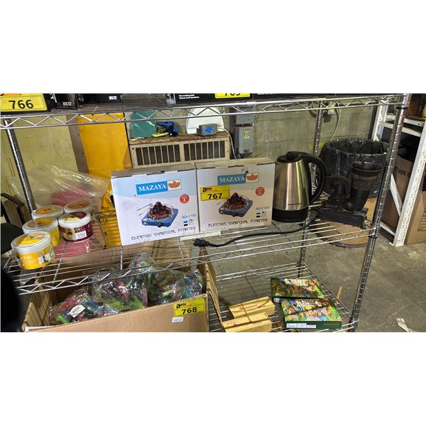 SHELF OF ASSORTED ITEMS INCLUDING; CHARCOAL STARTERS, ELECTRIC KETTLE, MOLASSES & MORE