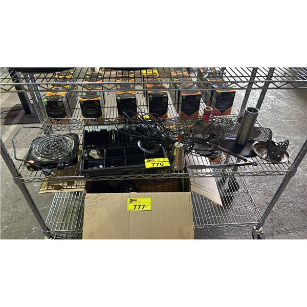 SHELF OF HOOKAH PARTS, CASH DRAWER, SINGLE ELEMENT BURNER & MORE