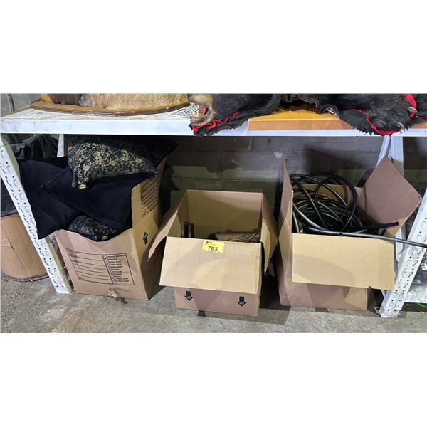 (3) BOXES OF OF BLACK & GOLD THROW CUSHIONS, HOOKAH HOSES, WOOD TRAYS, SMALL CERAMIC BOWLS & MORE