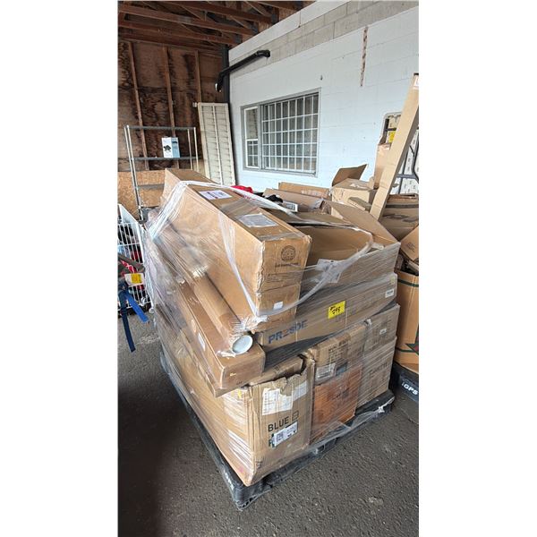 PALLET OF ASSTD. ITEMS: FLAT PACK CHRISTMAS TREE STORAGE, EASY ON GUTTER PROTECTION, LIGHTING &
