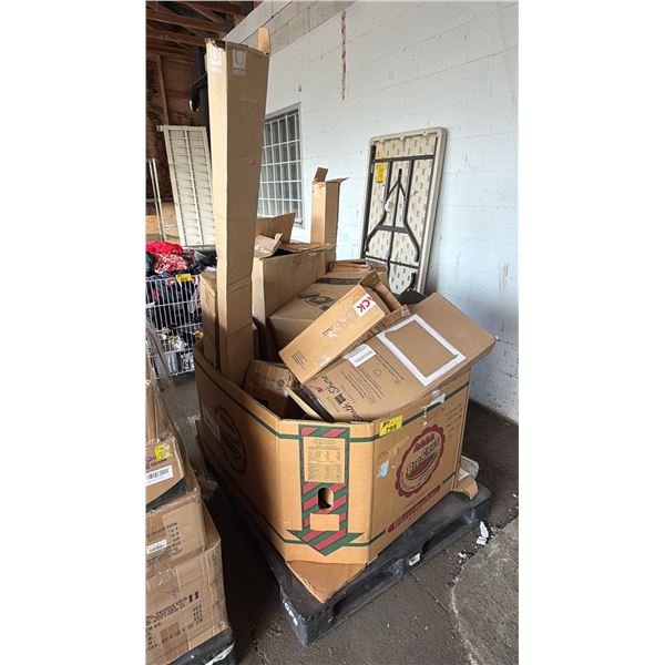 PALLET OF ASSORTED ITEMS: VINTAGE STYLE TURNTABLE, READY-TO-ASSEMBLE FURNITURE, CLASSIC TURRET