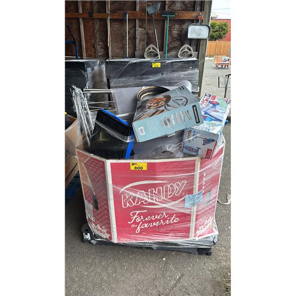 PALLET OF ASSTD. HOME ITEMS: COOKWARE, CHAIR MAT, LUGGAGE & MORE: *WORKING CONDITION UNKNOWN/MAY BE