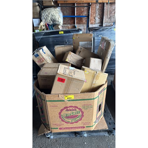 PALLET OF ASSORTED LIGHT FIXTURES & READY-TO-ASSEMBLE FURNITURE *WORKING CONDITION UNKNOWN/MAY BE