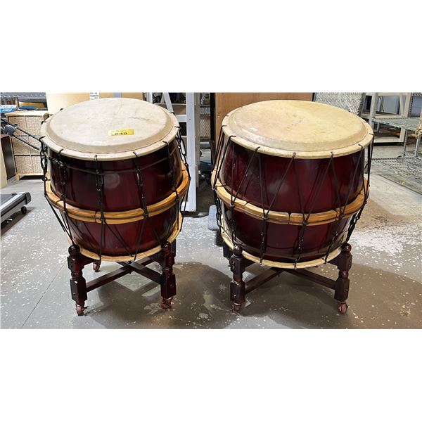 PAIR OF 23" DIAMETER TAIKO DRUMS WITH WOOD STANDS