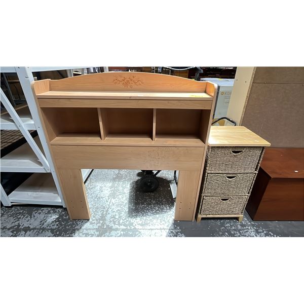WOOD TWIN HEADBOARD WITH SHELVES & 3 DRAWER WOOD & SEAGRASS STORAGE UNIT