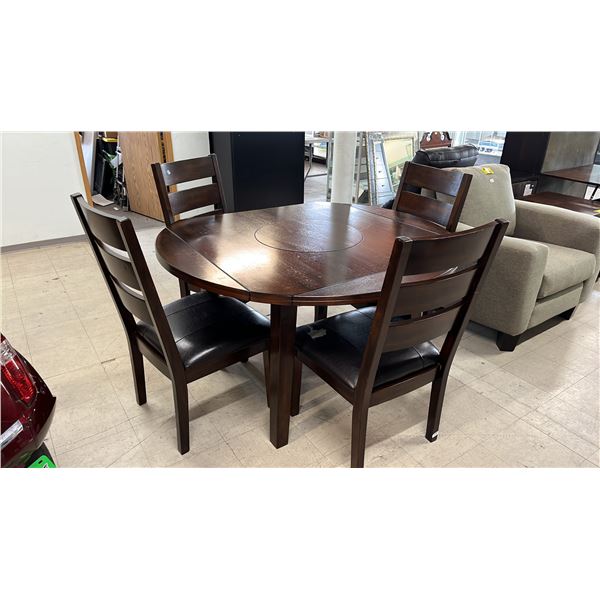 ASHLEY FURNITURE WOOD CONVERTIBLE SQUARE-TO-ROUND DINING TABLE WITH CENTRAL LAZY SUSAN & 4 CHAIRS