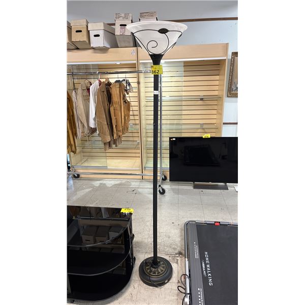 METAL TORCHIERE FLOOR LAMP WITH GLASS SHADE