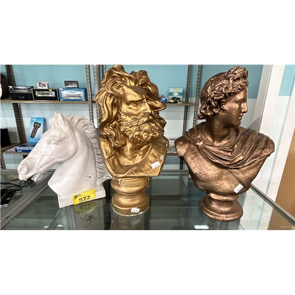 CERAMIC HORSE HEAD & 2 CERAMIC BUSTS