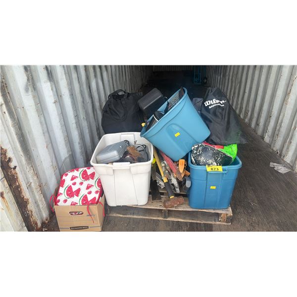 PALLET OF ASSORTED POWER TOOLS, HAND TOOLS, CHAIN SAW , EXTENSION CORDS AND MORE